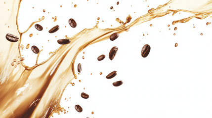 Captivating coffee splash with beans in motion, creating energetic and dynamic scene. rich colors and textures evoke sense of freshness and excitement