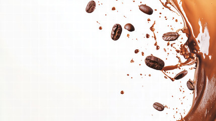 Obraz premium Creative coffee splash with coffee beans isolated on white background, capturing dynamic movement and rich color of beverage. Perfect for coffee lovers and culinary enthusiasts