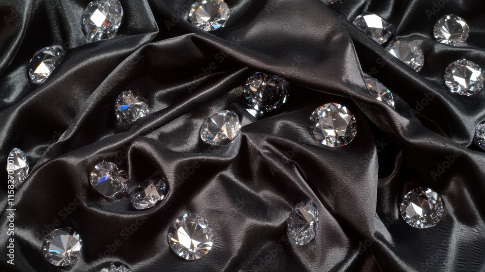 Poster Large sparkling diamonds scattered on luxurious black fabric with ample space for text and design elements. Generative AI