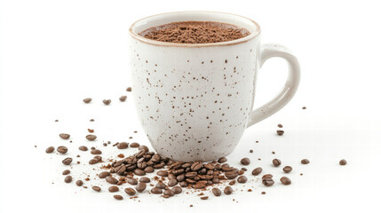 Obraz premium dynamic composition of coffee mug filled with ground coffee and scattered coffee beans, creating inviting and warm atmosphere