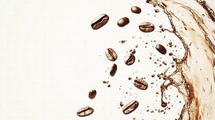 Obraz premium Elegant coffee splash with flying beans, creating dynamic and refreshing scene. rich brown tones of coffee contrast beautifully with light background, evoking sense of energy and vitality