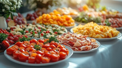 Buffet table with various appetizers, including cheese, meat, and vegetables.