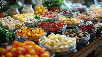 Fototapeta premium Abundant buffet table filled with various colorful appetizers, cheeses, olives, and cherry tomatoes.