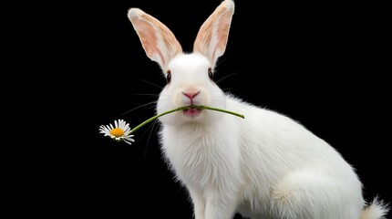 White rabbit holding a daisy flower in its mouth on a black background