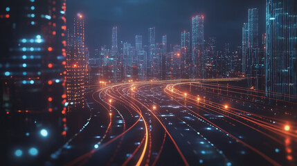 Fototapeta premium Smart Innovation city with connection cyber security network reciprocity over the night cityscape future wireless digital city and social media networking systems that connects people in the city
