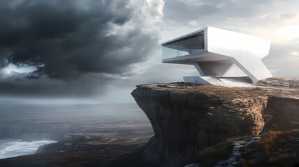 Perched on a windswept cliff, a remote observatory appears as a futuristic outpost, its sleek lines and geometric shapes accentuated by the dramatic, stormy skies behind. Windswept. Illustration