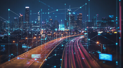 Smart Innovation city with connection cyber security network reciprocity over the night cityscape future wireless digital city and social media networking systems that connects people in the city