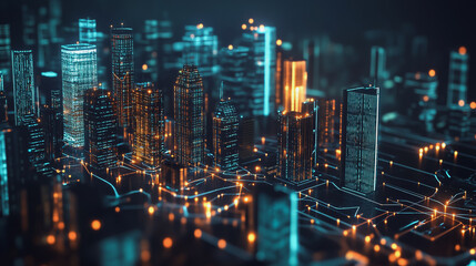 Fototapeta premium Smart Innovation city with connection cyber security network reciprocity over the night cityscape future wireless digital city and social media networking systems that connects people in the city