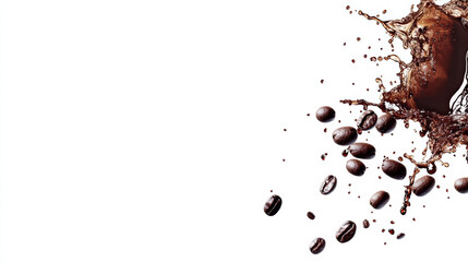Stylish coffee splash with coffee beans isolated on white background, creating dynamic and energetic visual. Perfect for coffee lovers and beverage promotions