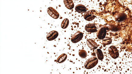 Vivid coffee splash with flying beans creates energetic scene, showcasing rich texture and color of coffee. Perfect for beverage enthusiasts and culinary art