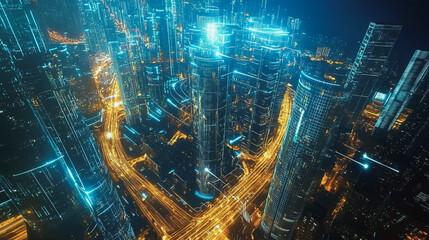 Smart Innovation city with connection cyber security network reciprocity over the night cityscape future wireless digital city and social media networking systems that connects people in the city