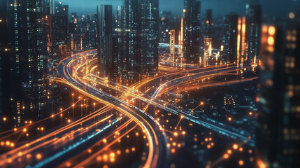 Fototapeta premium Smart Innovation city with connection cyber security network reciprocity over the night cityscape future wireless digital city and social media networking systems that connects people in the city