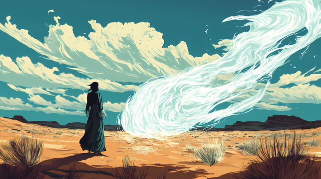 Spirit casting a protective spell in a wind-swept desert plain. wind-swept desert. illustration. Windswept. Illustration