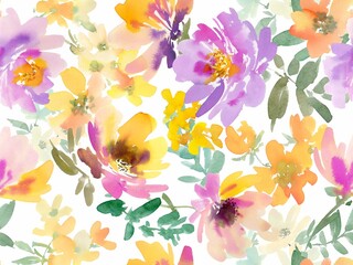 Abstract purple Peonies and wild flowers Seamless Pattern in Watercolor. Watercolor Floral Textile Design