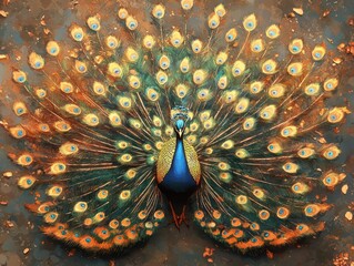 A majestic peacock in watercolor, displaying vibrant plumage in an aerial view