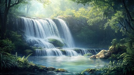 Obraz premium A beautiful waterfall cascading over rocks in a dense forest, with the water creating a mist that adds to the serene atmosphere
