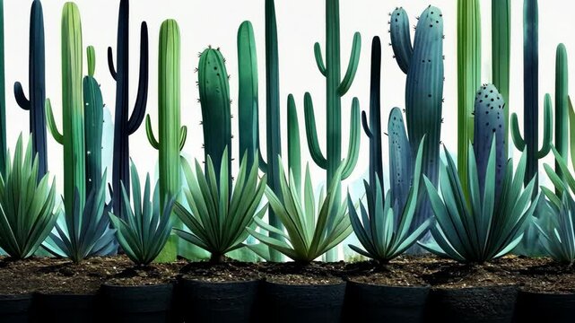 Cacti and agave plants arranged in pots against a light background showcasing diverse shapes and textures