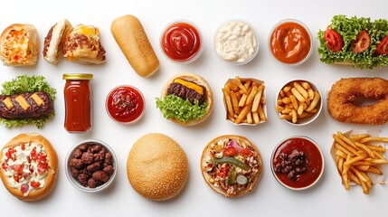 Top view of various fast food items including burgers, fries, onion rings, and different sauces arranged on a white background.