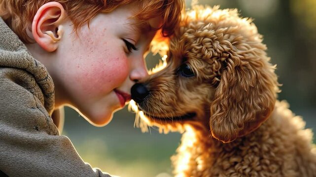 The red-haired boy lovingly touches the curly-haired puppy with his nose, showing the pure affection and friendship between man and animal