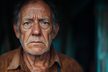 man in a brown shirt with a serious, intense gaze. Capturing calm, wisdom, and depth outdoors, surrounded by timeless elements. maturity, emotion, and contemplation.