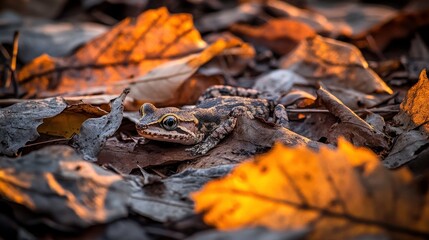Frog in Golden Hour Amidst Textured Leaves