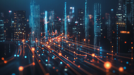 Fototapeta premium Smart Innovation city with connection cyber security network reciprocity over the night cityscape future wireless digital city and social media networking systems that connects people in the city