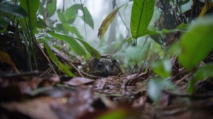 Obraz premium Hidden Creature in Lush Jungle Underbrush with Mist