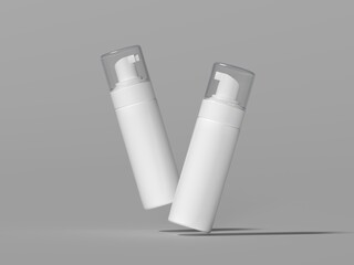 3D render, foam pump bottles fly mockup empty white packing