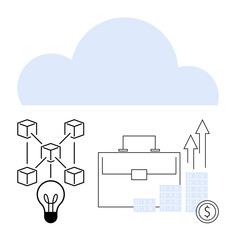 Cloud with blockchain network, light bulb, briefcase, stacked coins, and upward arrows. Ideal for technology, business innovation, financial growth, investment strategies digital transformation