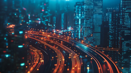 Fototapeta premium Smart Innovation city with connection cyber security network reciprocity over the night cityscape future wireless digital city and social media networking systems that connects people in the city