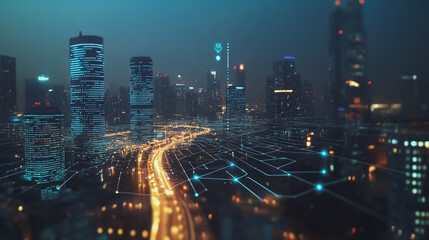Smart Innovation city with connection cyber security network reciprocity over the night cityscape future wireless digital city and social media networking systems that connects people in the city