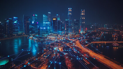 Fototapeta premium Smart Innovation city with connection cyber security network reciprocity over the night cityscape future wireless digital city and social media networking systems that connects people in the city