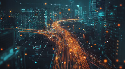 Obraz premium Smart Innovation city with connection cyber security network reciprocity over the night cityscape future wireless digital city and social media networking systems that connects people in the city