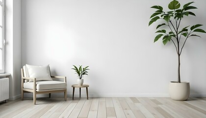 A minimalist living room with a white wall, a wooden floor, a beige armchair, and a small table with a potted plant