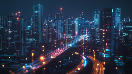 Fototapeta premium Smart Innovation city with connection cyber security network reciprocity over the night cityscape future wireless digital city and social media networking systems that connects people in the city