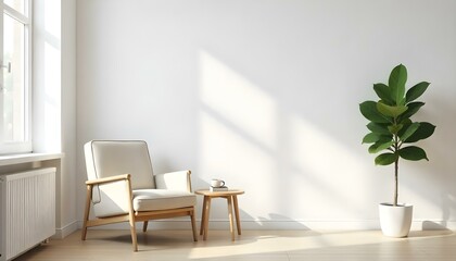 A minimalist living room with a white wall, a wooden floor, a beige armchair, and a small table with a potted plant