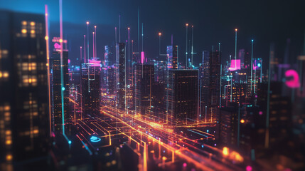 Obraz premium Smart Innovation city with connection cyber security network reciprocity over the night cityscape future wireless digital city and social media networking systems that connects people in the city