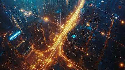 Smart Innovation city with connection cyber security network reciprocity over the night cityscape future wireless digital city and social media networking systems that connects people in the city