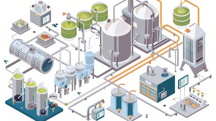 Food manufacturing beverage production process showing various steps from raw materials preparation to final product packaging. Workers carefully operate the machinery to blend ingredients precisel
