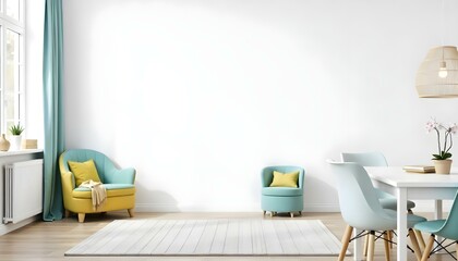 A minimalist living room with a white wall, a wooden table, and colorful furniture including a teal armchair and a yellow chair