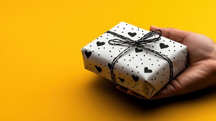 An overhead shot of a hand offering a stylishly wrapped gift, designed with a heart motif on a cheerful yellow background
