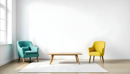 A minimalist living room with a white wall, a wooden table, and colorful furniture including a teal armchair and a yellow chair