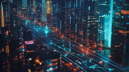 Fototapeta premium Smart Innovation city with connection cyber security network reciprocity over the night cityscape future wireless digital city and social media networking systems that connects people in the city