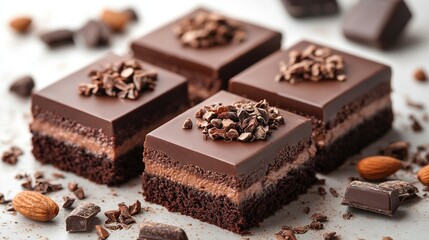 Four rich chocolate squares, layered mousse, almond garnish, scattered chocolate shavings.