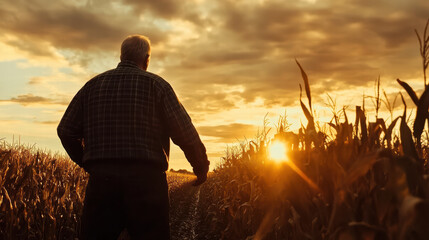 senior farmer stands in corn field at sunset, surrounded by tall corn stalks. warm glow of sun creates serene and reflective atmosphere