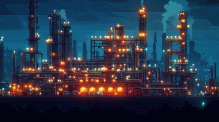 Fototapeta premium Industrial Factory at Night with Bright Lights and Smoky Sky