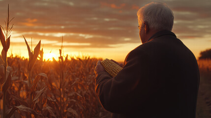 Fototapeta premium senior farmer stands in corn field at sunset, holding ear of corn. warm glow of sun creates serene atmosphere, reflecting hard work and dedication of agricultural life