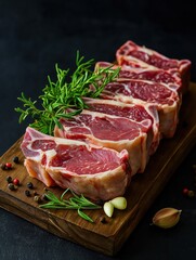 Obraz premium Raw Lamb Rack Steaks on Cutting Board