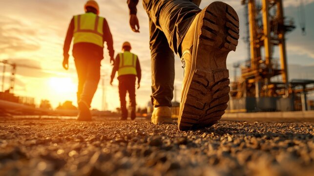 Team of Construction Workers in Helmets and Reflective Vests Moving across Gravel Industrial Site in Bright Sunlight