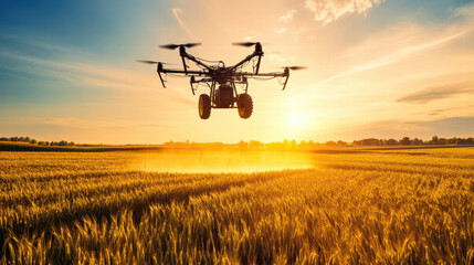 Fototapeta premium drone flying over golden wheat field at sunset, capturing beauty of agriculture. scene showcases technology in farming, highlighting innovation and nature harmony